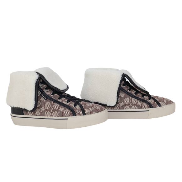 Coach Womens Sig Jacquard Fold Over Sherpa High Tops-Womens 9-Cocoa/Black-NWT - Picture 2 of 13